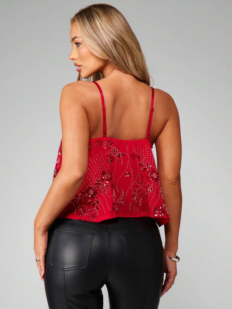 MISSGUIDED Top de camisola sin mangas con diseño floral, adornado con lentejuelas rojas, para uso en fiestas y eventos nocturnos festivos