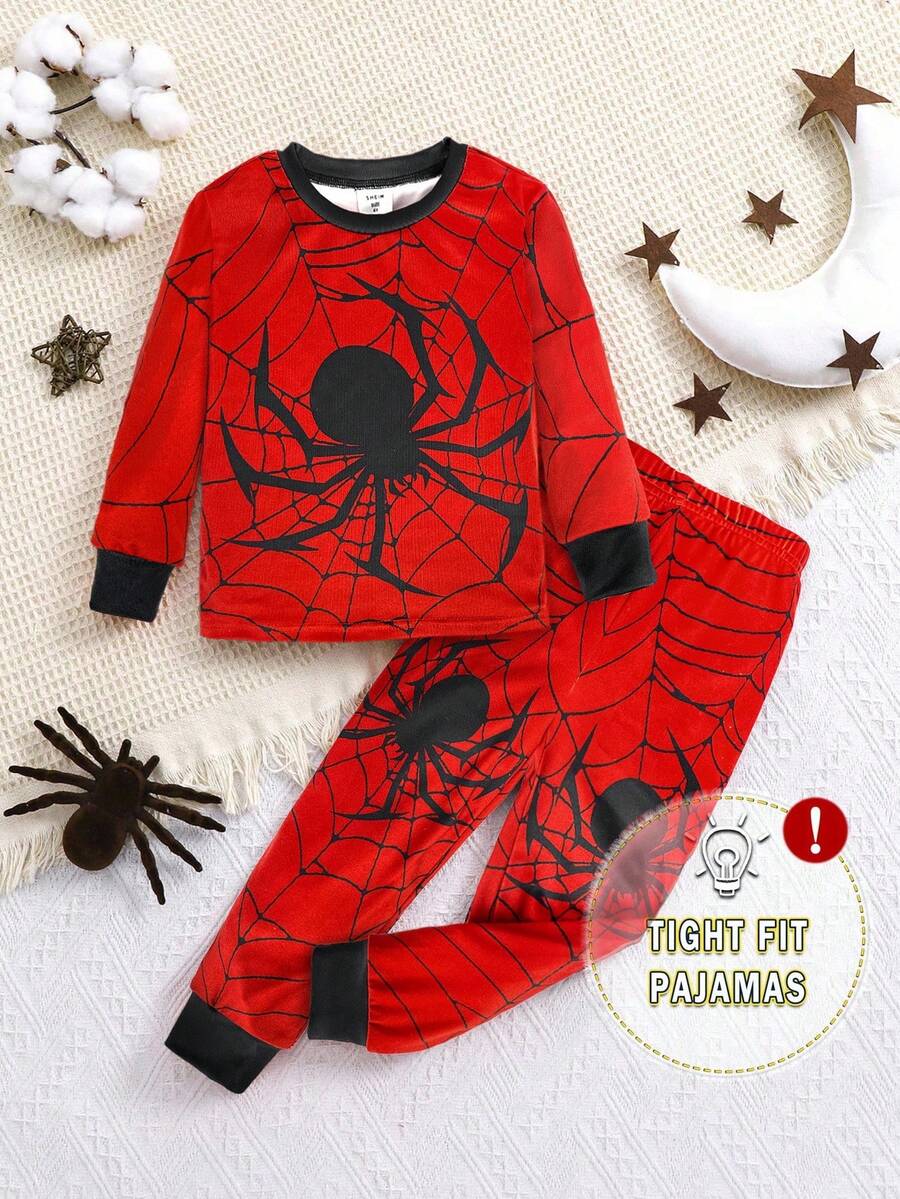 SHEIN 2pcs/Set Young Boy Spider & Superhero Print Snug Fit Round Neck Long Sleeve T-Shirt And Soft Comfortable Pajama Pants, Casual Sleepwear Set, Autumn/Winter - Multicolor - View 1