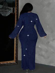 Maweii 大码女式优雅亮片深V领长袖连衣裙长款女装 - 藏蓝色 - 查看 2