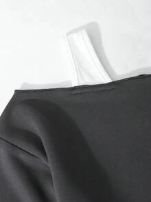 Sparklyn 少女蝴蝶结印花不对称露肩不对称下摆休闲卫衣 - 深灰色 - 查看 5