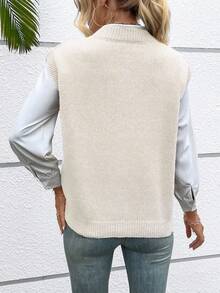 SHEIN LUNE Chaleco de punto de unicolor con cuello en V, casual y versátil - Beis - Ver 2