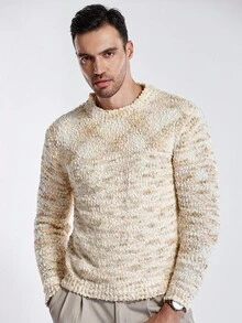 Manfinity CityGents Men Pullover Sweater,Beige Autumn Casual Vacation Fashionable Textured Floral Mesh Design Furry Sweater For Couples,Gift Idea For Husband Boyfriend - Multicolor - View 4