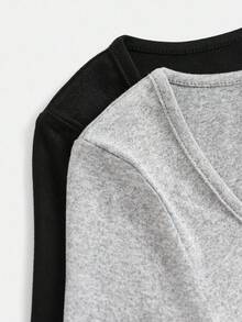 SHEIN Girlism Bộ 2 áo thun dài tay cổ tròn đơn giản, thoải mái dành cho bé gái tuổi teen - Màu Xám nhạt - Xem 5