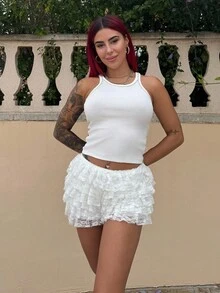 Bearsaez Summer;White Lace Ruffle Low Waist Shorts - White - View 5