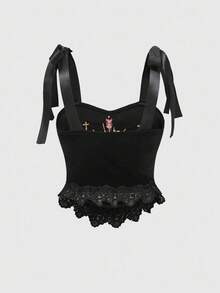 ROMWE Goth 女式 Y2K 时尚街头哥特暗朋克风格红心刺绣天鹅绒拼布蕾丝丝带系带短款上衣，夏季 - 黑色 - 查看 2