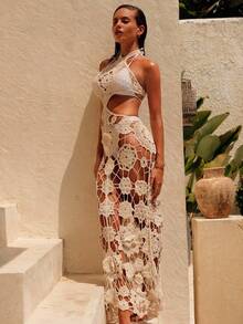 Swim Chiccia 全新夏季杏色镂空钩针面料度假海滩罩衫连衣裙