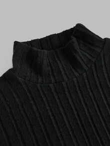 SHEIN 少女黑色毛绒罗纹高领长袖 T 恤和花卉印花短裙休闲两件套 - 黑色 - 查看 3