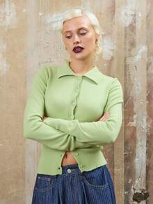 COUREZ Chunky Knit Fitted Cardigan With Rib Hem /Y2K Spring Casual Going Out Tops Women's Spring Sweater Chic Set Festivals - Mint Green - View 5