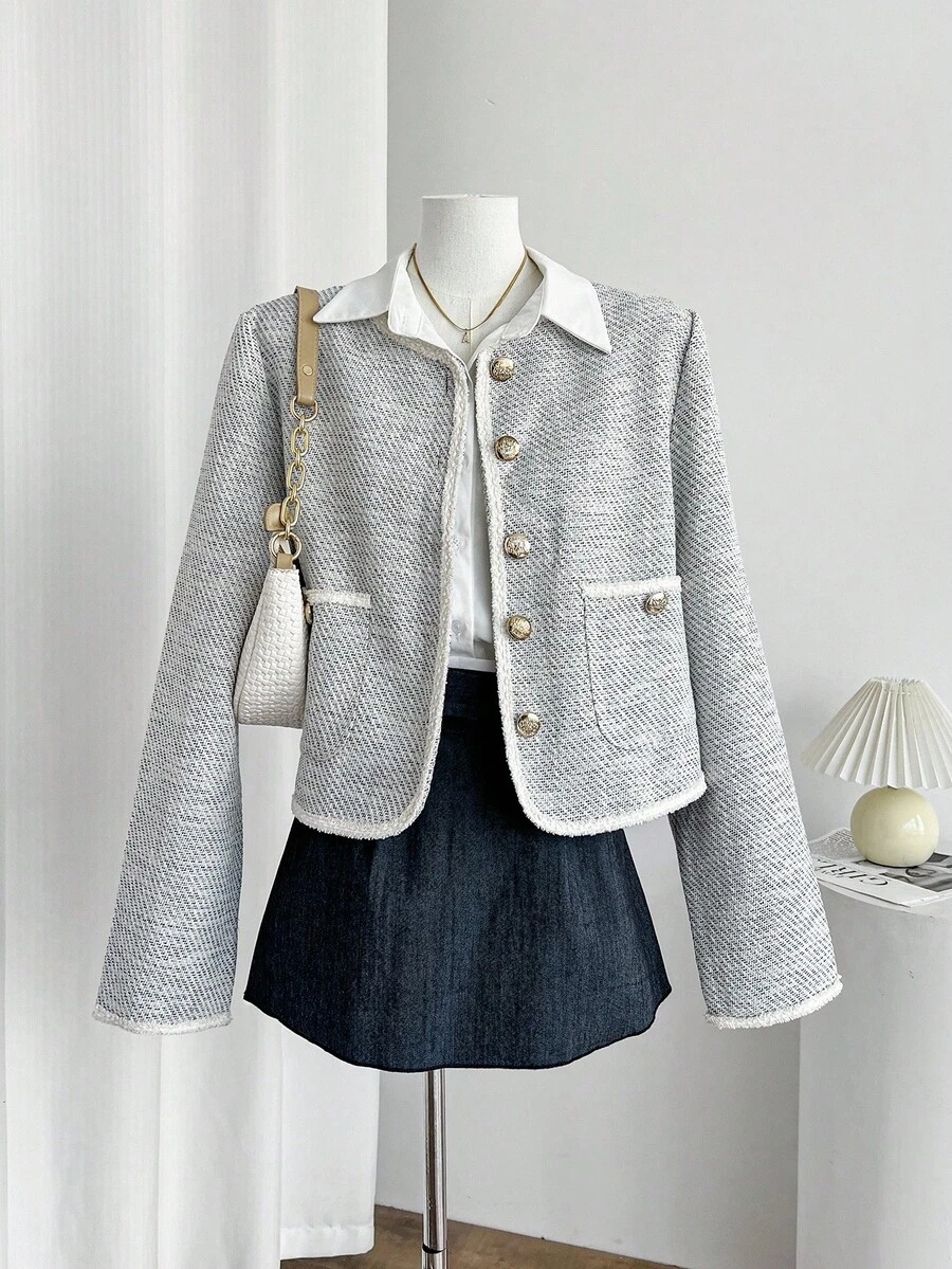 Celisse Elegant Women's Jacket With Tweed Fabric Patchwork, Pockets And Metal Buttons - Grey - View 1