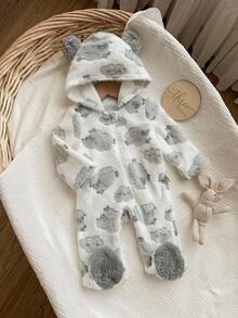 新生女婴可爱毛茸茸卡通图案连帽连体衣，秋冬 - 米色 - 查看 10