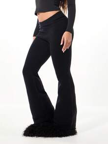 SUMWON WOMEN 喇叭裤，带鹳毛装饰下摆，派对俱乐部服装，个性 Y2K 时尚复古喇叭裤，晚装喇叭裤 - 黑色 - 查看 1