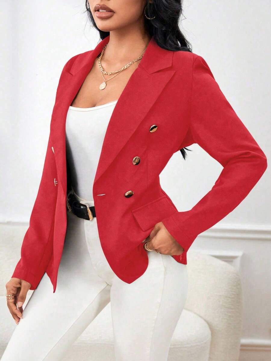 SHEIN Unity Chaqueta de cárdigan de doble botonadura con cuello pico de unicolor simple para mujer, adecuada para el trabajo y el transporte - Rojo - View 1