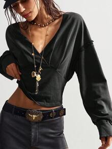 Bohemela Pull court à col V manches longues couleur unie style bohème décontracté pour femmes, automne/hiver