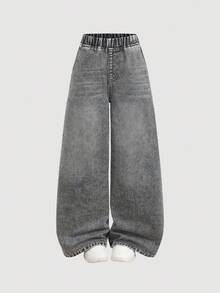 Girlism Tween Girl Casual Daily Basic Washed Gray Denim Loose Fit Jeans, Fall/Winter Dailywear,Streetwear,Christmas,New Year,Thanksgiving,Stylish,Warm, Daily Grey Baggy Jeans,Y2k,2000s - Grey - View 5