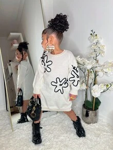 SHEIN 年轻女孩手工刺绣花卉圆领毛衣裙 - 杏色 - 查看 5