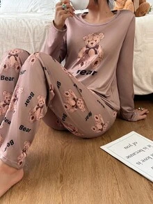 2件套女士可爱小熊印花长袖上衣和裤子睡衣套装，秋冬服装 - 彩色 - 查看 2