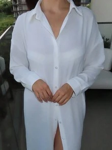 MDEdit Áo sơ mi dài xếp ly cài nút cho nữ với thiết kế thả vai - trắng - Xem 6