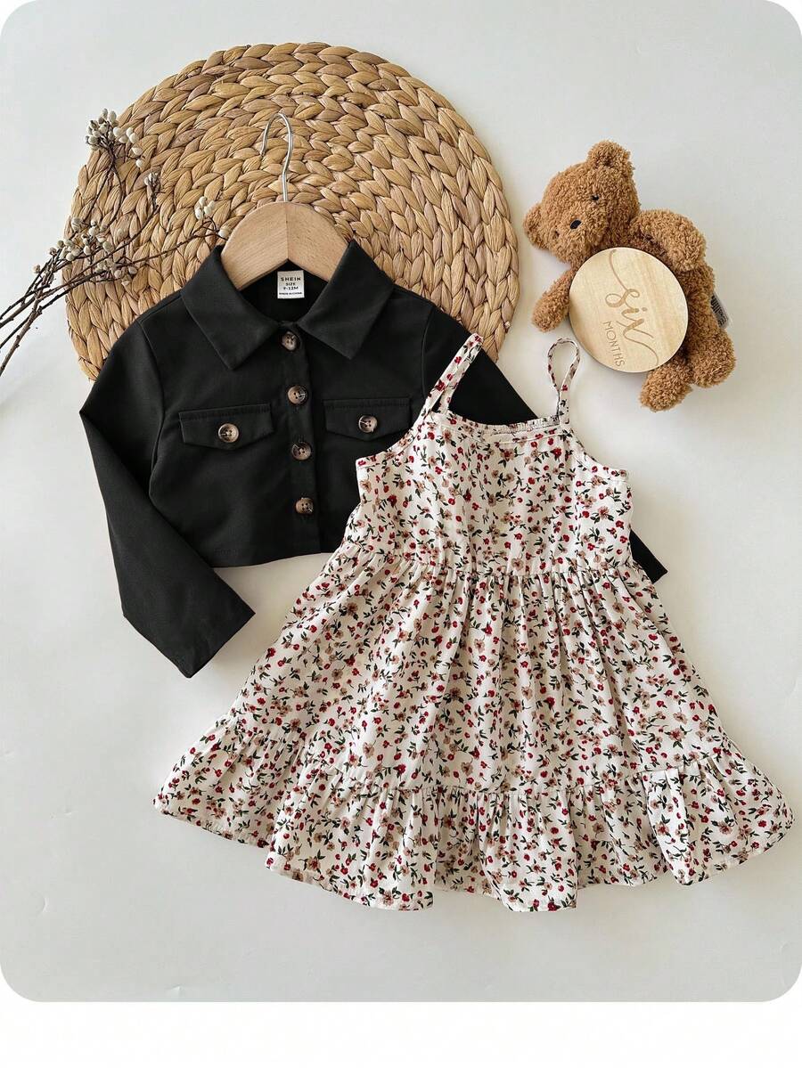 SHEIN Babygirl Ditsy 花卉休闲吊带连衣裙和棕色夹克两件套 - 黑色 - 查看 1