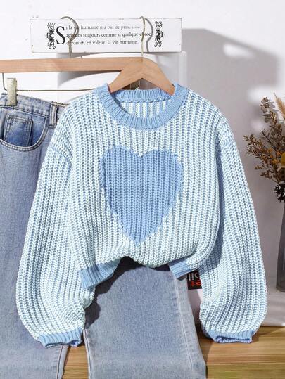 New Fashionable Versatile Cute Heart Pattern Girls Crew Neck Sweater Blue Knit Top Girls Sweater Knit Sweater Blue And White Sweater Blue Sweater Tween Girls Sweater Sets Tween Matching Set Knit Girl Knit Set Blue And White Set Teen With Sweater Pastel Girl Clothes Autumn And Winter Clothes Cropped Knit Sweater Cute Sweater Sweater For Tweens Knit Sweater Teen Girl Knit Sweaters For Girls Tween Sweaters Autumn And Winter Clothes Girls Clothes Sweater For Tweens Kids Sweaters Sweater For Girls