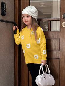 SHEIN Young Girl Floral Pattern Round Neck Raglan Sleeve Casual Loose Knit Sweater, Autumn/Winter - Yellow - View 1