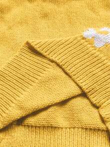 SHEIN Young Girl Floral Pattern Round Neck Raglan Sleeve Casual Loose Knit Sweater, Autumn/Winter - Yellow - View 6