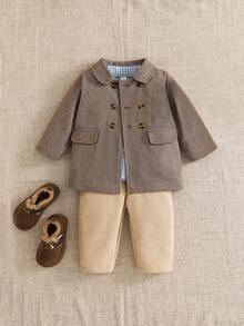 SHEIN Modny, uniwersalny płaszcz dla chłopców w stylu retro z długimi rękawami i klapami, z otwartym przodem, odpowiedni na wyjścia i do domu, zapewniający wygodę noszenia w sezonie jesienno-zimowym, dodający dzieciom radości i witalności - Czekoladowy brązowy - Zobacz 3