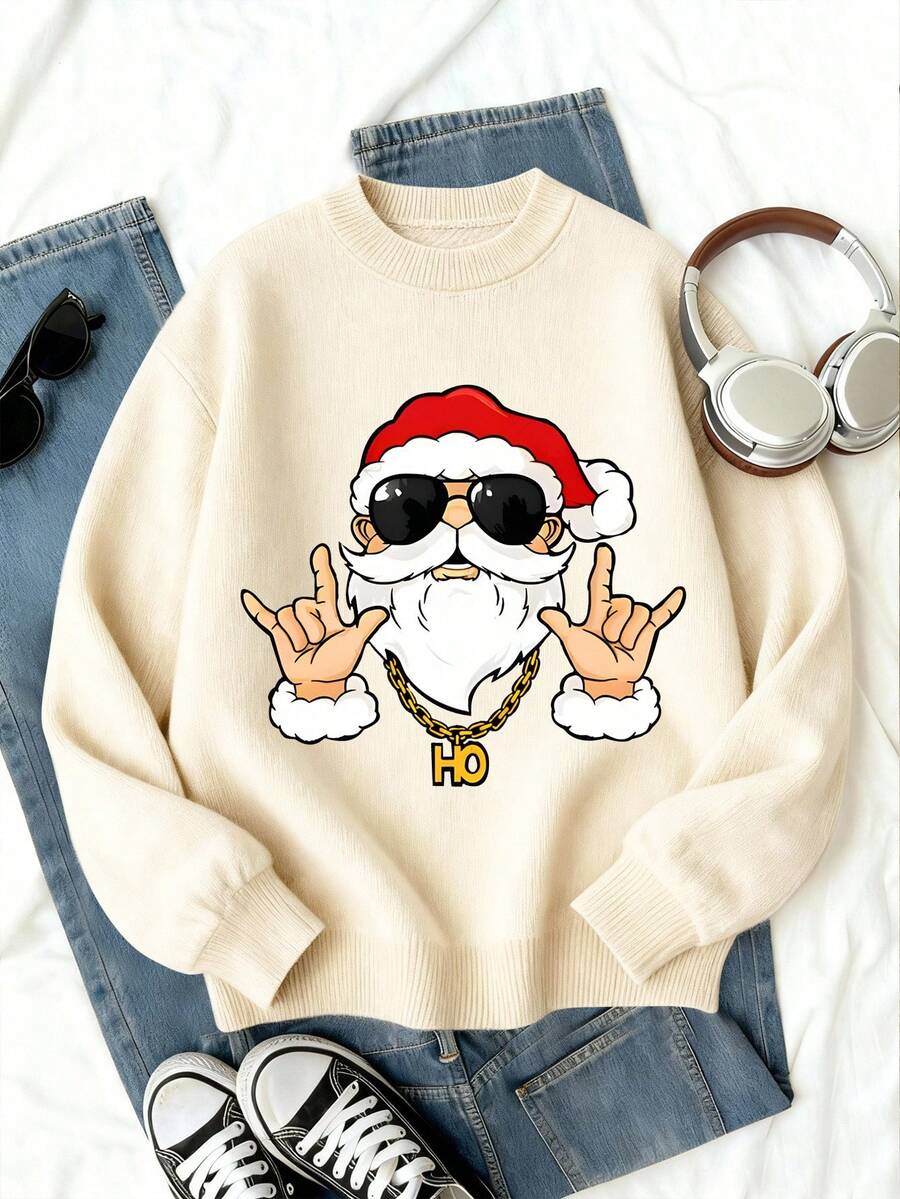 一件青少年男孩圣诞老人图案印花长袖毛衣，时尚街头风，适合冬季、秋季校园活动，休闲可爱圣诞毛衣印花卫衣 - 白色 - 查看 1