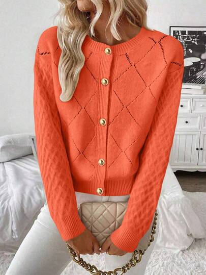 EMERY ROSE Women's Hollow Out Cable Knit Diamond Pattern Cardigan, Christmas