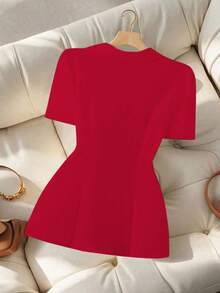 GlowEve 女式拼色短袖修身优雅西装外套 - 紅色 - 查看 2