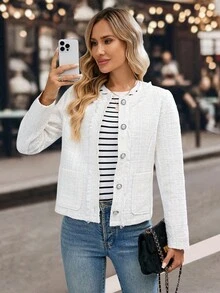 EMERY ROSE Women's Solid Color Minimalist Long Sleeve Overcoat, Daily Wear Tweed Jacket White Tweed Jacket Button Up Jacket Fringe Tweed Jacket Women Tweed Jacket In Fall/Winter - White - View 6