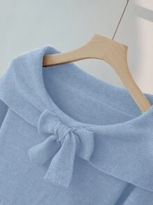 Franclia Sweater Rajut Wanita Minimalis dengan Kerah, Pita, Simpul Pita, Bahu Terbuka, Lengan Panjang, Warna Polos - Biru - View 4