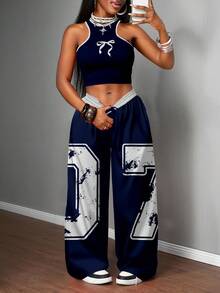 Slaydiva 2pcs/Set Women Casual Street Style Tight Camisole And Loose Pants Suit, Suitable For Street Wear