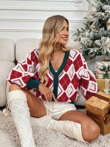 SHEIN LUNE Women's Red And White Knitted Cardigan Sweater,Autumn Holiday Christmas Sequin Top,Cute Pre Diamond Pattern Towel Embroidered Beaded Button Jumper - Red - View 4