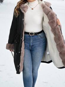 SHEIN CURVE+ Áo khoác mùa đông dài tay có khóa kéo phía trước, mũ trùm đầu giả nhiệt cỡ lớn cho nữ - Nhiều màu - Xem 5
