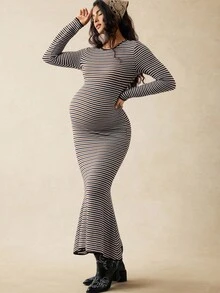 Boho Mama 孕妇条纹圆领长袖鱼尾下摆修身优雅连衣裙 - 棕色 - 查看 8