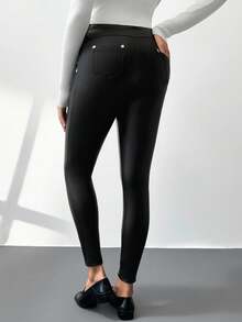 MaterniWear Maternity Solid Color Adjustable Waist PU Leather Leggings Maternity Leggings Pregnancy Pants Black Leggings For Women Pregnancy Clothing Leggings With Pockets  Black Pants  Black Pants Maternity Pants Pregnancy Leggings Maternity Clothes Pregnant Outfits Pregnancy Clothes Maternity Biker Short - Black - View 2