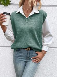 SHEIN LUNE كنزة صوفية صوفية فضفاضة بلون أحادي متعددة الاستخدامات للنساء - أخضر داكن - مشاهدة 5