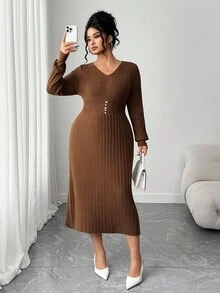 Elenzga Damen Große Größen Einfarbiges V-Ausschnitt Langarm Taille Knopf Design Figurbetontes elegantes Strickkleid, Herbst/Winter