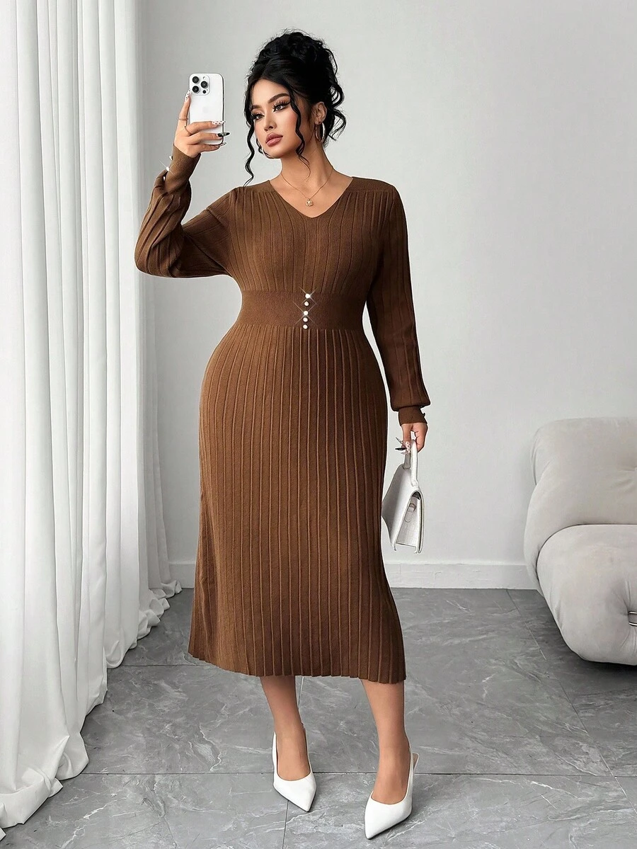 Elenzga Damen Große Größen Einfarbiges V-Ausschnitt Langarm Taille Knopf Design Figurbetontes elegantes Strickkleid, Herbst/Winter