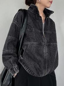 FRIFUL 女式休闲水洗宽松拉链立领牛仔夹克，秋季 - 黑色 - 查看 2