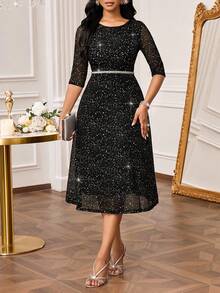 SHEIN Lady 女式优雅闪光圆领中袖中长连衣裙，秋季 - 黑色 - 查看 7