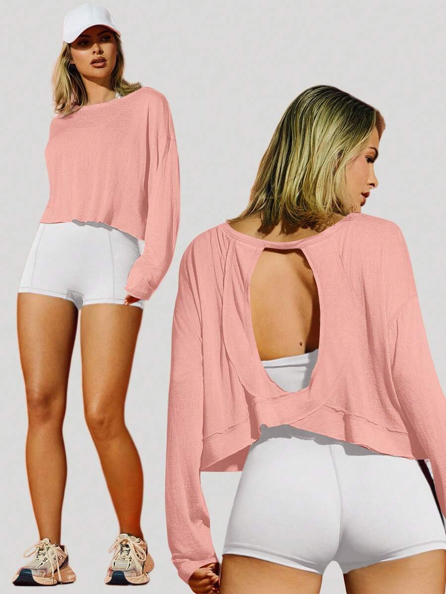 VARSITIE Damen Lässig Langarm Sport T-Shirt mit ausgeschnittenem Rundhalsausschnitt