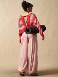 VARSIVA Women's Contrast Stripe Long Sleeve Sports T-Shirt Open Back Workout Top Open Back Athletic Top Gym Tops Rib Knit Open Back Tops Workout Tops - Multicolor - View 7