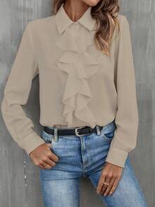 Camisa de manga larga elegante para oficina con botones y volantes en la parte delantera de un solo color - Caqui - Ver 3