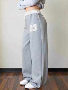 Sparklyn Tween Girls Casual Colorblock Waistband Knit Fabric Straight Leg Pants, Loose Fit With Numeric Print, Comfortable For Autumn/Winter Daily, Commute, Outdoor, Party, Photo Shoot - Grey - View 3