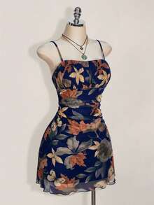 SHEIN ICON Plus Size Women Summer Vacation & Back To School Clothes, Vintage Maple Leaf Print Pleated Dress, Suitable For Summer