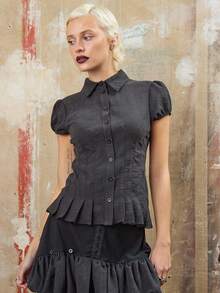 COUREZ 褶皱泡泡袖黑色衬衫 / Y2K 秋冬女装休闲外出上衣性感派对上衣优雅女式衬衫万圣节 - 黑色 - 查看 5