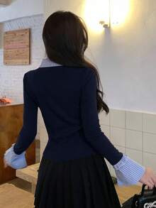 DAZY Áo thun dài tay dáng ôm, thắt nơ kẻ sọc, thường ngày dành cho nữ - Màu xanh hải quân - Xem 5