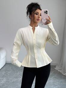 SHEIN Clasi Women's Elegant Small V-Neck Striped Flared Waist Blouse In Soft Yellow, Suitable For Autumn/Winter, New Year, Thanksgiving, Christmas - Light Yellow - View 3