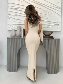 Jemour Spring Summer White Asymmetric Shoulder Tie Ruffle Elegant Lady High Slit Dress For Graduation Season - Apricot - View 2